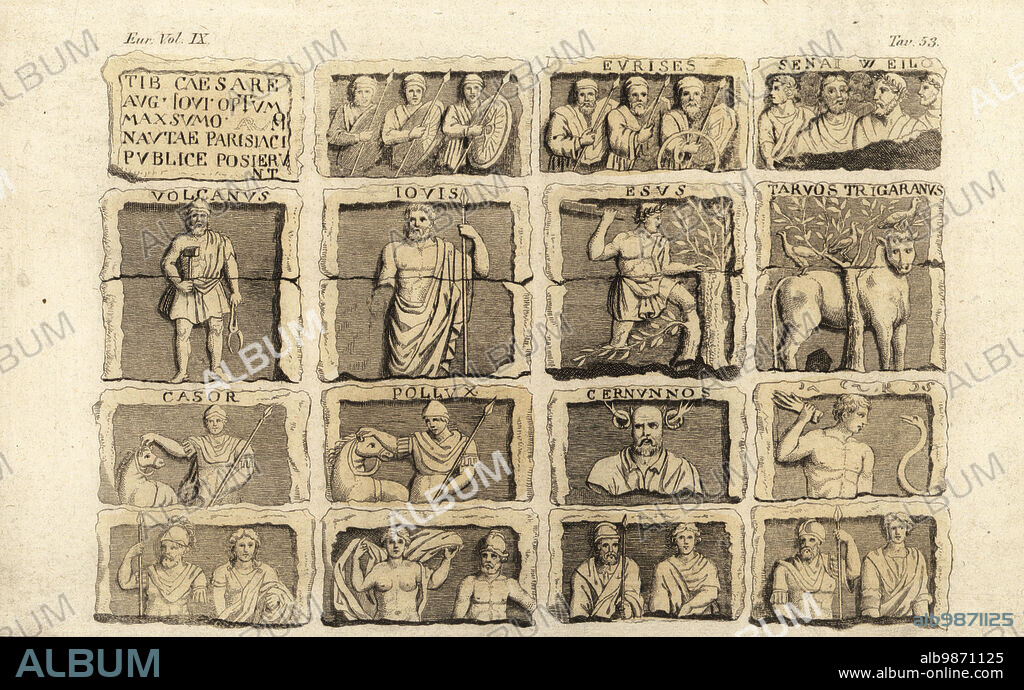 Scenes from the Pillar of the Boatmen, monumental Roman column erected in Lutetia (Paris) in honour of Jupiter by the guild of boatmen in the 1st century AD. Vulcan, Jove, Apollo, Bacchus, Hercules, Castor, Pollux, etc. Monumenti di Barcaioli di Parigi. Handcoloured copperplate engraving by Antonio Verico from Giulio Ferrarios Costumes Ancient and Modern of the Peoples of the World, Il Costume Antico e Moderno, Florence, 1844.