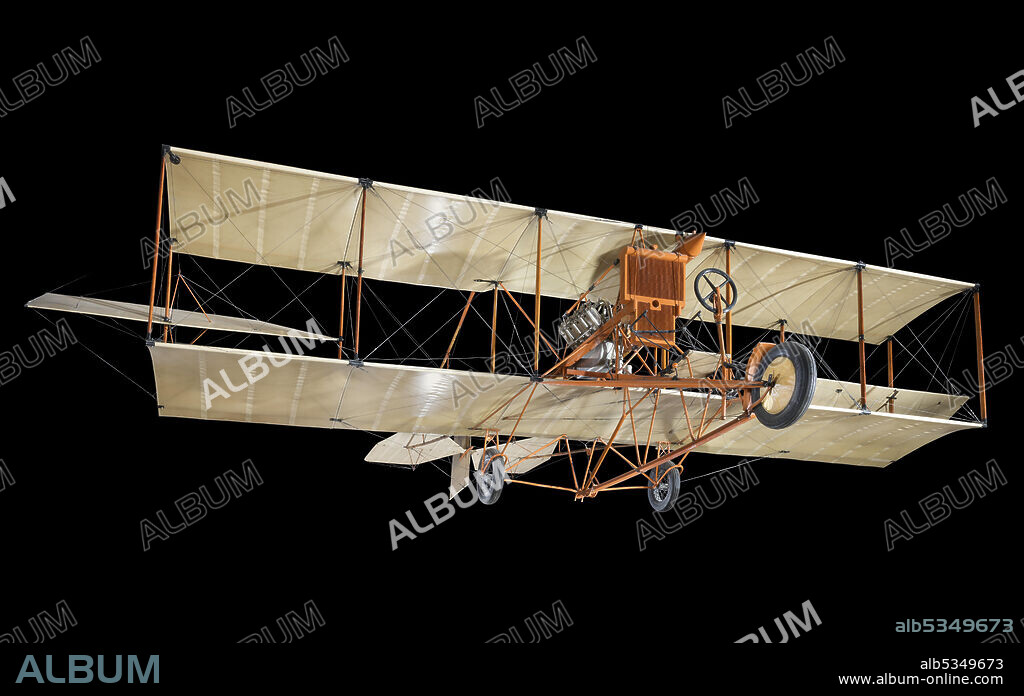 CURTISS AEROPLANE AND MOTOR COMPANY. Pusher biplane with one 50-horsepower Curtiss V-8 engine. Fabric covered surfaces light yellow. Struts and landing gear orange. In 1909, the G.H. Curtiss Manufacturing Company delivered the firm's first airplane, a pusher design with elevators in the front, called the Golden Flyer, to the New York Aeronautical Society. In 1911, Curtiss began to concentrate on the military market, selling three airplanes to the U.S. Navy. Curtiss continued the evolution of the pusher design with the development of the D-II (the Golden Flyer was considered the Model D) and the D-III, to which a second set of elevators were added to the rear in place of the fixed horizontal stabilizer formerly used on the D and D-II models.