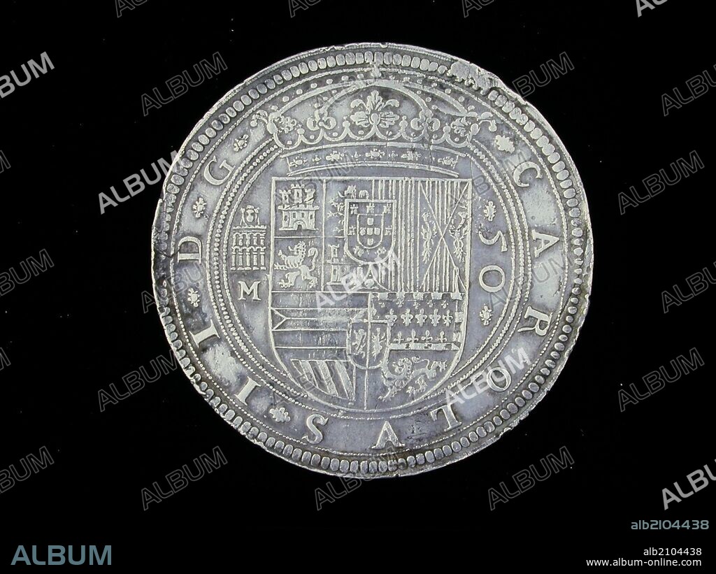 NUMISMATICA. MONEDA MODERNA. CINCUENTIN DE PLATA, DE CARLOS II. ANVERSO. ESCUDO CORONADO CON LAS ARMAS REALES ENTERAS Y EL ESCUDO DE PORTUGAL. (DEPOSITO: MUSEO ARQUEOLOGICO NACIONAL).