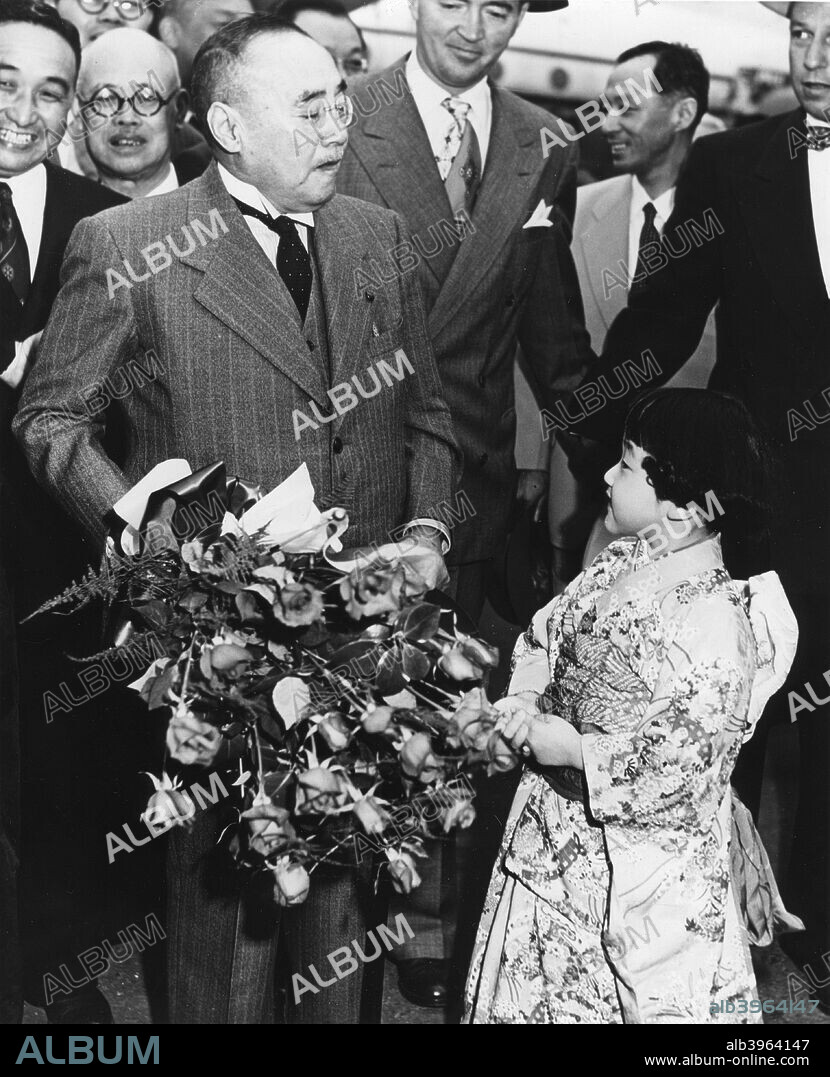 Shigeru Yoshida arrives at the San Francisco Peace Treaty, USA, April 1952. Yoshida was Prime Minister of Japan at the time. The Treaty, between Japan and the Allied powers, formally ended World War II, ended Japan's imperial status and allocated compensation to Allied victims of Japanese war crimes.