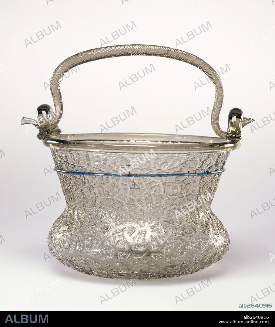 Ice-Glass Situla (Secchiello); Unknown; Venice, Italy, Veneto, Europe; 1550 - 1600; Free-blown colorless (slightly grayish-brown) glass with applied decoration; Object: H: 10.16 x Diam.: 16.83cm (H: 4 x Diam.: 6 5/8 in.).