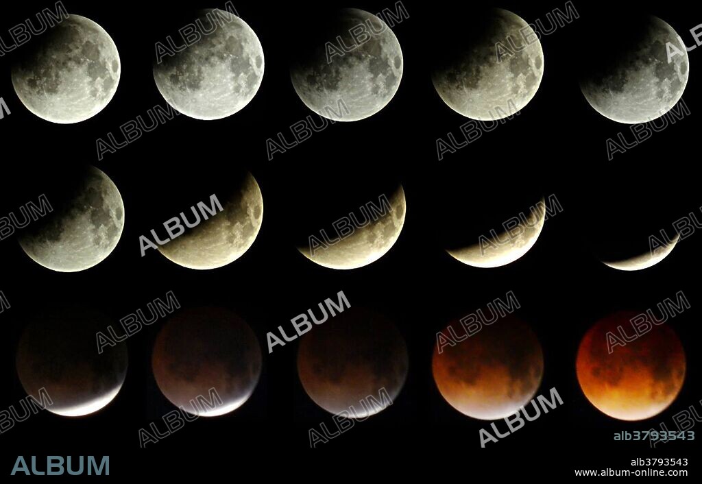 This sequence of lunar eclipse images were taken in Puerto Rico. The total eclipse took place on the night/morning of April 14-15,  2014. A lunar eclipse occurs when the Moon passes directly behind the Earth into its umbra (shadow). This can occur only when the Sun, Earth, and Moon are aligned exactly, or very closely so, with the Earth in the middle. Hence, a lunar eclipse can only occur the night of a full moon. The type and length of an eclipse depend upon the Moon's location relative to its orbital nodes. When the Moon travels completely into the Earth's umbra, one observes a total lunar eclipse.