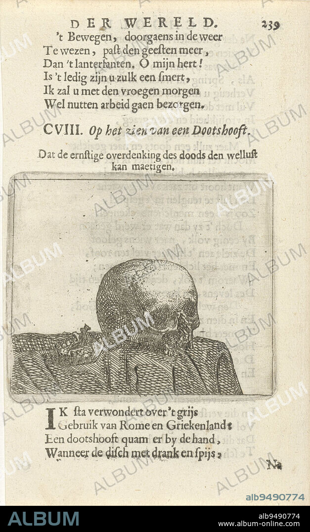 A skull on a table, the lower jaw next to it. Pent from a book containing 36 prints with sentence images. Print used in: F. van Hoogstraten, De schoole der wereld, 1682, Death's head on a table CVIII. On seeing a Dootshooft (title on object), print maker: Arnold Houbraken, Northern Netherlands, 1682, paper, etching, letterpress printing, h 71 mm × w 83 mm, h 158 mm × w 97 mm.