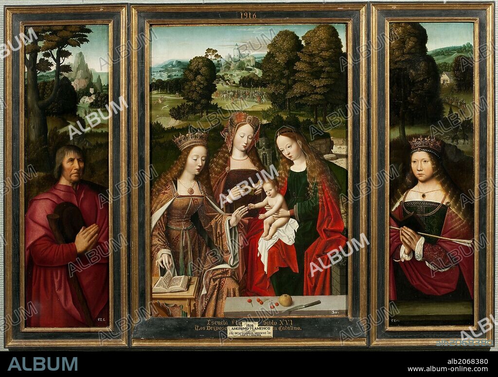 ANÓNIMO. Anónimo / 'Matrimonio místico de santa Catalina con santa Úrsula y un donante (tríptico)', Hacia 1520, Escuela Flamenca, Óleo sobre Tabla, 183 cm x 88 cm, P01916.