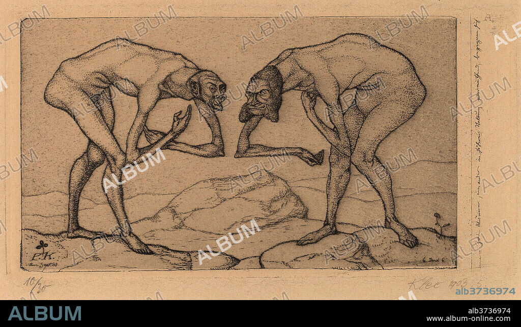 PAUL KLEE. Zwei Männer, einander in höherer Stellung vermutend, begegnen sich (Two Men Meet, Each Believing the Other to Be of Higher Rank. Dated: 1903. Medium: etching on zinc.