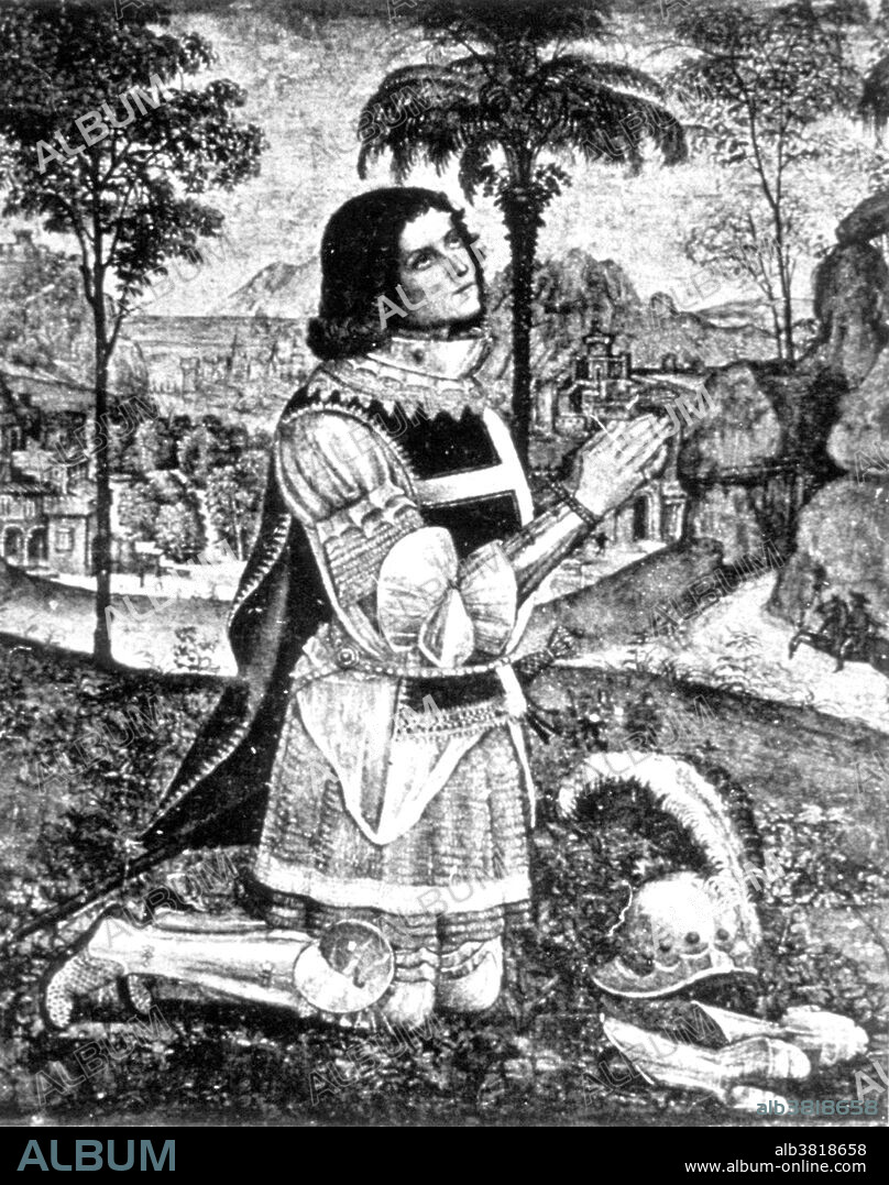 Alberto Aringhieri wearing standard military dress worn in battle; red surcoat with a white cross emblazoned on it. The Order of Knights of Malta were a group of men attached to a hospital in Jerusalem that was founded by Blessed Gerard around 1023 to provide care for poor, sick or injured pilgrims to the Holy Land. By the mid-12th century, the order was divided into military brothers and those who worked with the sick.