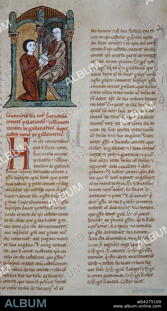 Homenaje de Guillem Ramon de Galliners al conde Bernat de Pallars Jussà. Miniatura de 'Liber feudorum maior', cartulario escrito por Ramón de Caldes, siglo XII.