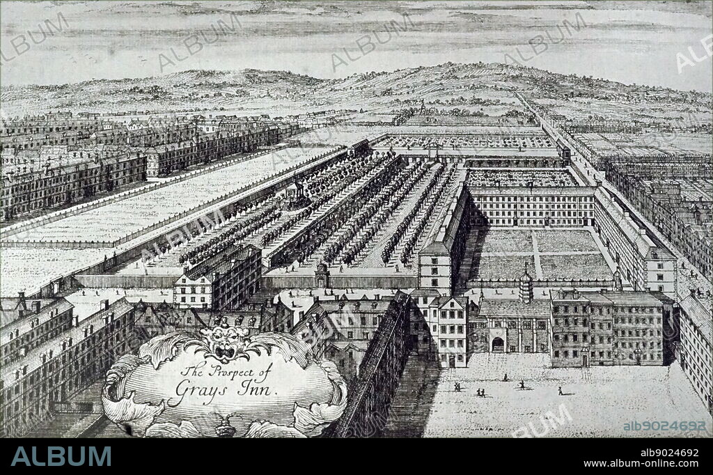 18th century engraving of Gray's Inn area of London, England, 1755.