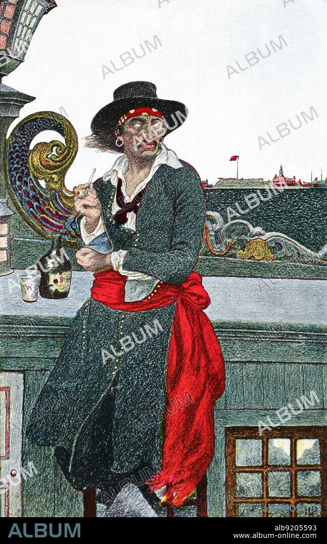 William Captain Kidd relaxing on deck. Illustration by Howard Pyle (1853-1911), before 1911. William Kidd (c.?1645-1701), was a Scottish sea captain who was commissioned as a privateer and had experience as a pirate. He was tried and executed in London in 1701 for murder and piracy.