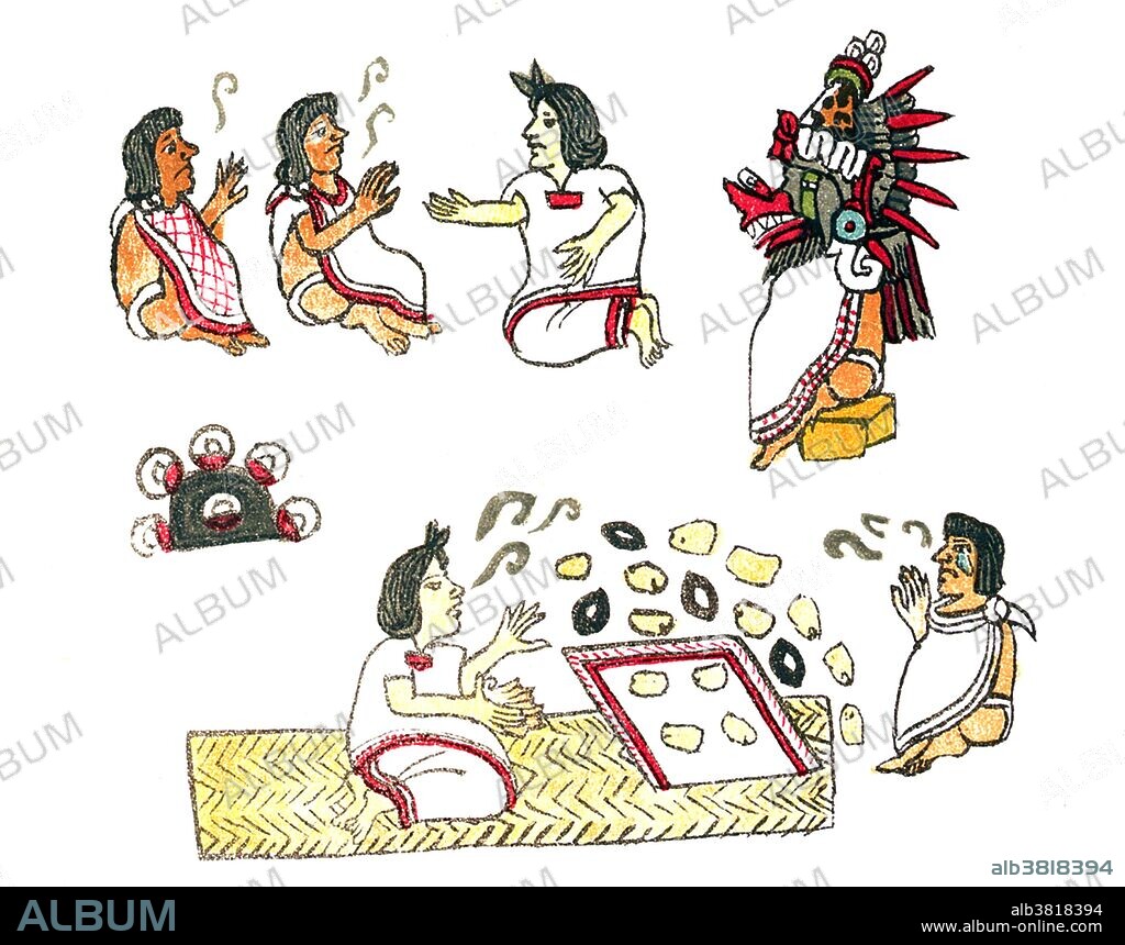 Aztec medicine, taken from the Codex Magliabechiano. Two patients explain their troubles to a doctor. The doctor discovered the cause of the illness by throwing grains of corn onto a piece of cloth (or into a vessel containing water). According to how the grains scattered or floated determined cause. The Aztec medicine recognized three main causes of illness and injuries: 1) supernatural - involving the displeasure of the gods or excess and imbalance with the supernatural and natural worlds, 2) magical - involving malevolent curses and sorcerers and 3) natural or practical causes. Establishing a treatment for any given ailment depended first upon determining the nature of its cause. The Aztecs knew of and used an extensive inventory consisting of hundreds of different medicinal herbs and plants. The Codex Magliabechiano is a pictorial Aztec codex created during the mid-16th century, in the early Spanish colonial period. The Codex Magliabechiano is primarily a religious document. Its 92 pages are almost a glossary of cosmological and religious elements.