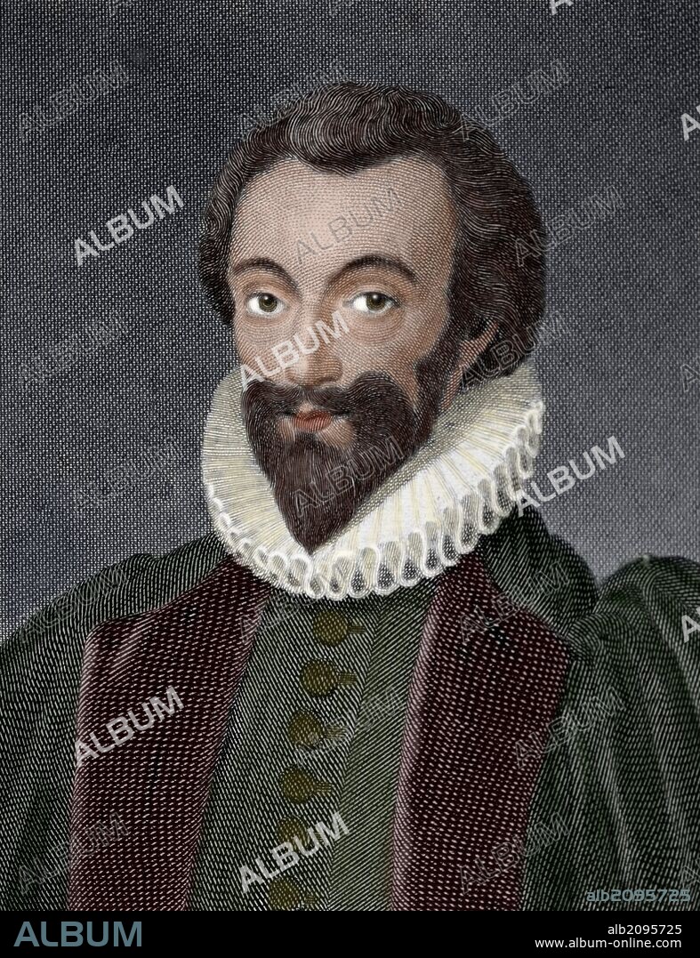 DONNE, John (Londres, 1572-Londres, 1631). Poeta y predicador inglés. Grabado del poeta por W. Bromley. Coloreado.