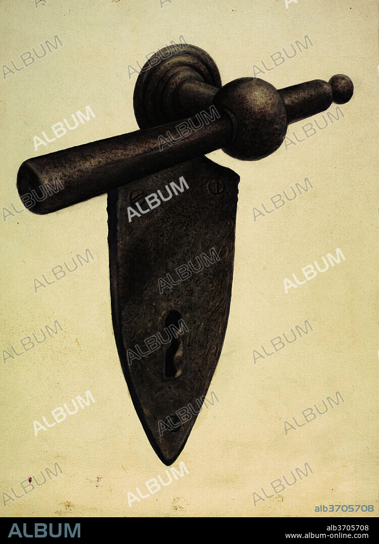 EARL BUTLIN. Metal Door Lock. Dated: c. 1937. Dimensions: overall: 29.6 x 21.9 cm (11 5/8 x 8 5/8 in.)  Original IAD Object: Handle: 5" long, 2" from door plane; Keyhole Plate: 6" long; inside door: 4 2/16 high, 4 1/2 wide and 2" deep.. Medium: watercolor, graphite, and colored pencil on paperboard.