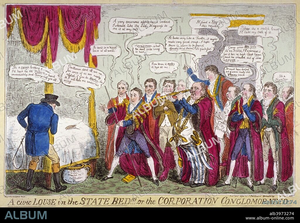 'A civic louse in the state bed!!!, or the Corporation conglomorated!!', 1824. The City aldermen and Lord Mayor John Garratt examining an enormous louse on the Mansion House state bed. The aldermen include Matthew Wood, Robert Waithman, William Curtis, John Key, William Heygate, Sir Charles Flower, Sir James Shaw, and Sir Claudius Hunter.