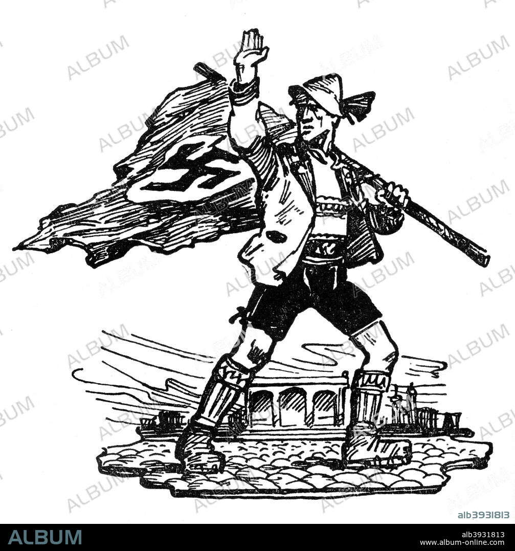 Nazi cartoon, 1940. A print from Wie die Oftmark ihre Befreiung erlebte (The Way towards the Liberation), Berlin, 1940.
