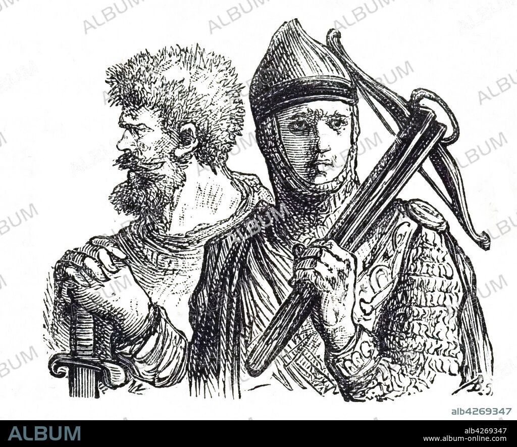 An engraving depicting a soldier holding a crossbow. A crossbow is a type of ranged weapon based on the bow and consisting of a horizontal bow-like assembly mounted on a handheld frame. Dated 19th century.