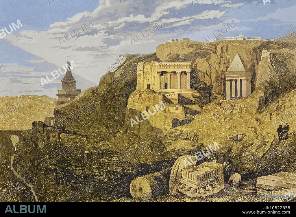 Jerusalén. Valle de Josafat. Grabado por Aubert. Coloreado. "La Tierra Santa y los lugares recorridos por los profetas, por los apóstoles y por los cruzados". Publicada en Barcelona, imprenta de Joaquín Verdaguer, 1840.