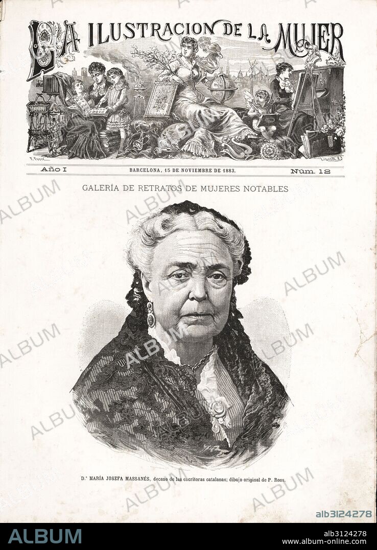 Portada de la revista "La Ilustración de la mujer", año 1, nº 12, publicado en Barcelona el 15 noviembre 1883. Retrato de Maria Josefa Massanés (1811-1887), decana de las escritoras catalanas premiada en los Juegos Florales de 1864.