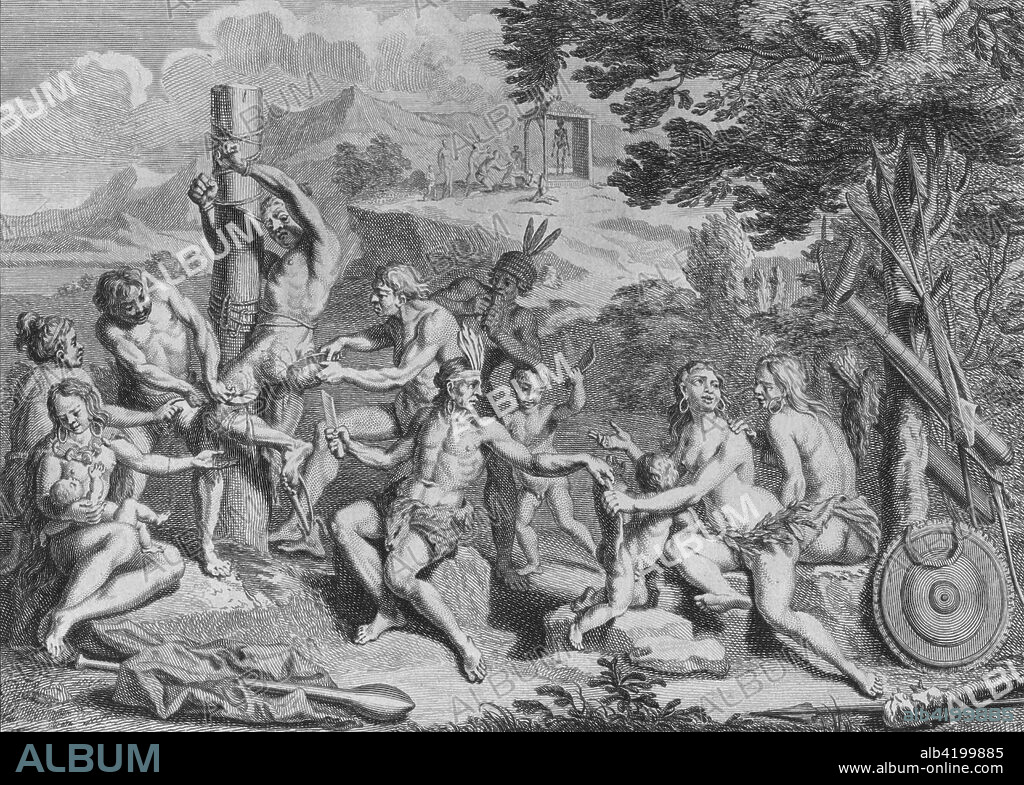 'Captif Sacrifié par les Antis', 1723. Captive sacrificed by the Antis. Gruesome scene in the Americas, showing a man tied to a post being flayed and bled with knives. From "Cérémonies et coutumes religieuses de tous les peuples du monde", (Religious Ceremonies and Customs of All the Peoples of the World), by Jean-Frédéric Bernard, illustrated by Bernard Picart. Although Picart never left Europe, he relied on accounts by those who had. The book 'marked a major turning point in European attitudes toward religious belief and hence the sacred'. [Amsterdam, 1723-1737].