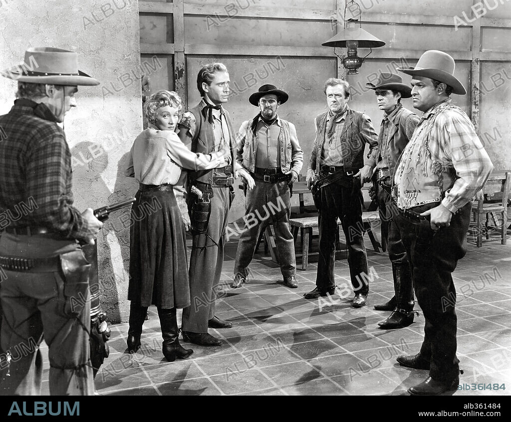 MARLENE DIETRICH and MEL FERRER in RANCHO NOTORIOUS, 1952, directed by FRITZ LANG. Copyright RKO FIDELITY.