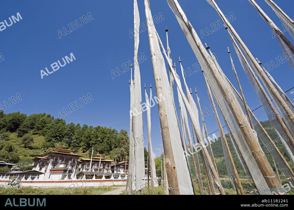 Funeral prayer flags at Kurjey Lhakhang temple built in 1652 by Mingyur Tenpu, Jakar, Bumthang, Chokor Valley, Bhutan, Asia.