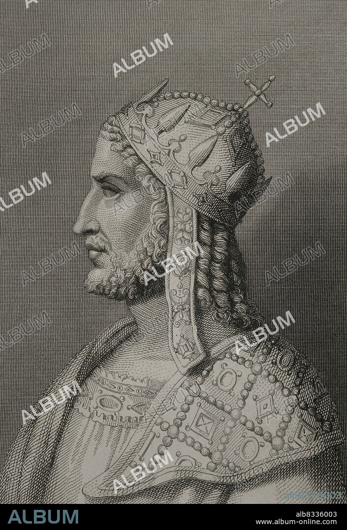 Justiniano I el Grande (482-565). Emperador del Imperio romano de Oriente (527-565). Retrato. Grabado. Historia Universal, por César Cantú. Tomo VIII. 1858.