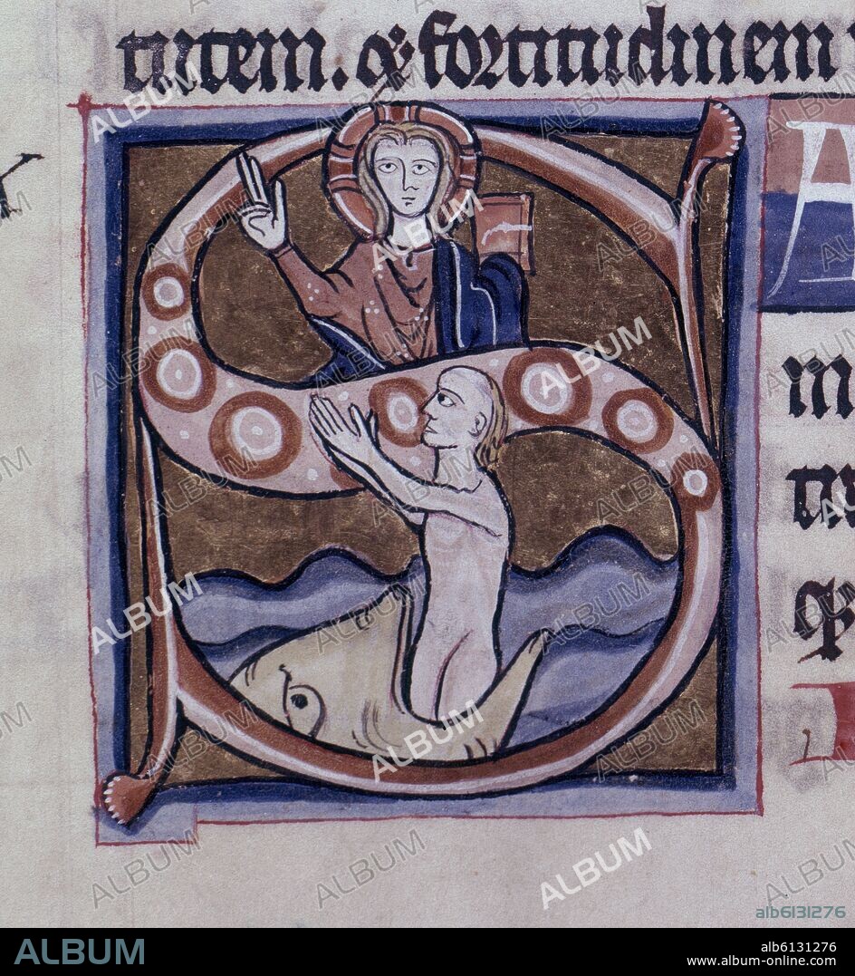 PSALTERIO DEL S XIII- LETRA CAPITULAR- S -JONAS Y LA BALLENA - PAGINA 77 V-MINIATURA GOTICA.