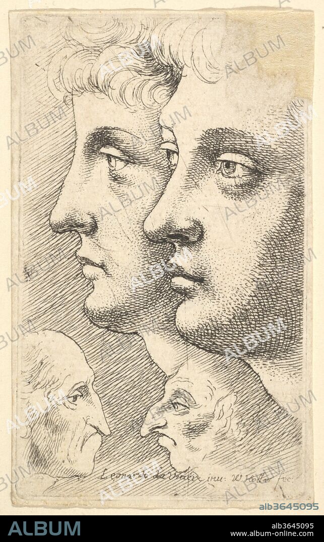 Two youths in profile to left with two grotesque heads facing each other below. Artist: After Leonardo da Vinci (Italian, Vinci 1452-1519 Amboise). Dimensions: Plate: 2 13/16 × 1 11/16 in. (7.1 × 4.3 cm)
Sheet (trimmed to plate line): 2 7/8 × 1 3/4 in. (7.3 × 4.4 cm)
upper right corner torn off 10 mm into image. Etcher: Wenceslaus Hollar (Bohemian, Prague 1607-1677 London). Date: 1625-77.
Two heads of young men, the one at left in profile to left, the other in three-quarter profile to left; bolow, two grotesque heads of old men with long pointed noses, facing each other; after Leonardo da Vinci.