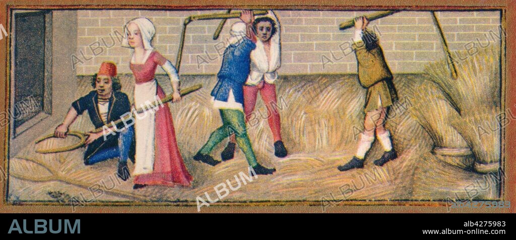 July - threshing, 15th century, (1939). Peasants using flails to thresh wheat. The separated grain is used to make flour. The stalks are then dried to make hay. Detail of a page from the "Heures de Charles d'Angoulême", a book of hours commissioned by Charles of Orléans (1459-1496), with miniatures mostly painted by Robinet Testard, and now in the Bibliothèque nationale de France in Paris. Published in "Verve - No. 8, Vol. II". [Verve, France, 1939].
