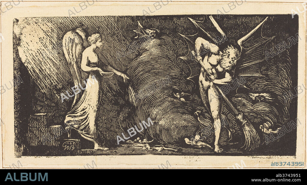 WILLIAM BLAKE. The Man Sweeping the Interpreter's Parlor. Dated: c. 1820/1822. Dimensions: plate: 7.9 x 15.9 cm (3 1/8 x 6 1/4 in.)  sheet: 23.5 x 31.1 cm (9 1/4 x 12 1/4 in.). Medium: relief etching and white-line engraving.
