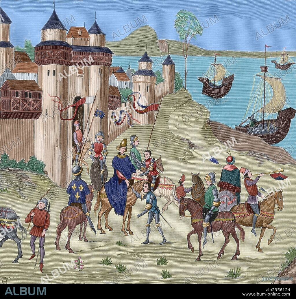 LUIS II, duque de Borbón (1337-1410), llamado "el Bueno". Luís II en Génova, para encabezar la expedición contra los bárbaros en el Norte de Africa, 1390. Cruzada de Mahdía. Grabado del año 1881 según las "Cronicas de Jean de Froissart" (manuscrito del siglo XV). Coloreado.