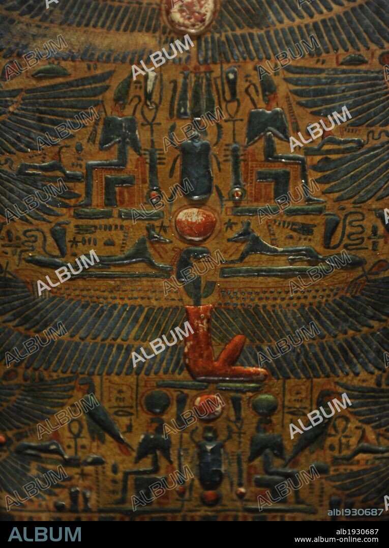 Coffin of Khonsu-hotep. Painted wood. 21st-22nd Dynasty.  C. 950-900 B.C. Third Intermediate Period. Detail depicting Nut (goddess of heaven, creator of the universe), with outspread wings embracing the deceased. This is the typical iconography of the interior or lid of the sarcophagus. Carlsberg Glyptotek Museum. Copenhagen. Denmark.