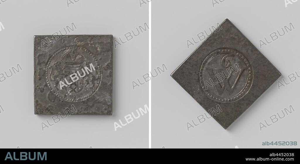City of Amsterdam, 6th district, small piece that gave the right to rye bread at a price of eight and a half penny, diamond-shaped piece. Front: in round stamp: crowned coat of arms, flanked by two lions within a round pearl border, above: year. Reverse: in round stamp: the number 6 above the letter W inside a round pearl edge, Amsterdam, anonymous, 1662, engraving, h 3.2 cm × w 3.1 cm × w 28.66 gr.