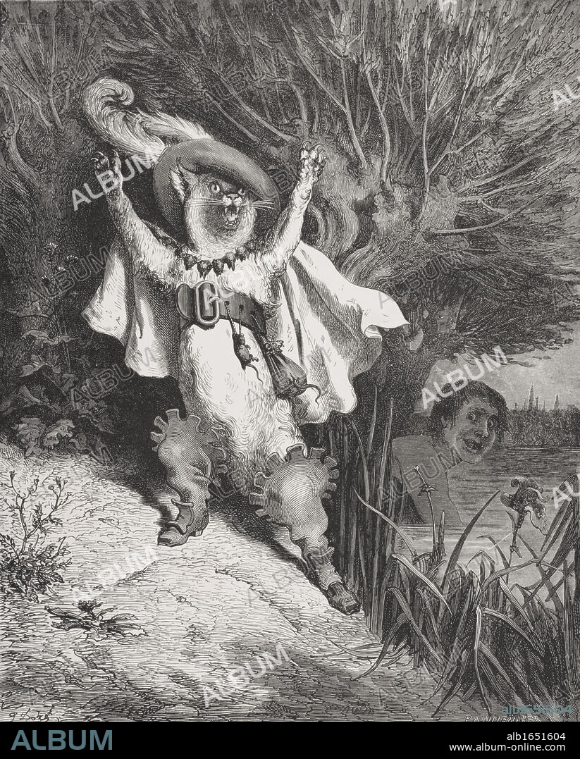 Engraving by Gustave Dore 1832-1883 French artist and illustrator of Puss in Boots from Fairy Realm by Tom Hood.