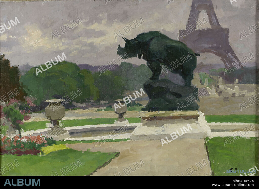 ERNEST JULES RENOUX. Jardin du Trocadéro avec le Rhinocéros de Jacquemart, 1922.