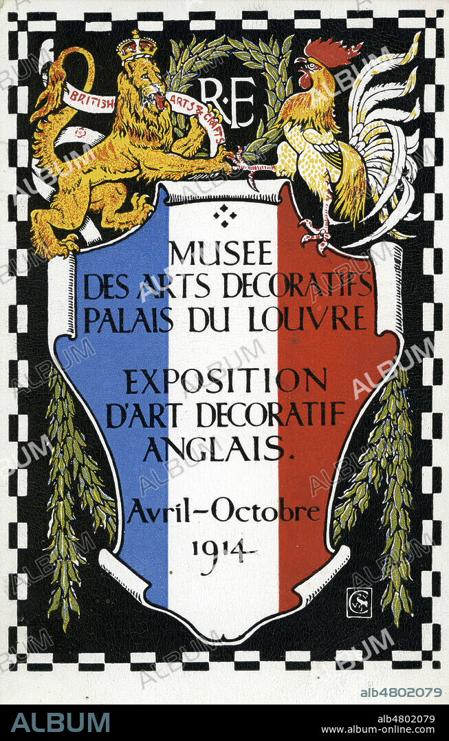 'Musee des arts decoratifs, palais du Louvre - Exposition d'art decoratif anglais - Avril, octobre 1914'. Illustration anonyme pour une carte postale publicitaire, lion anglais face au coq francais. Credit : Collection IM/KHARBINE-TAPABOR.