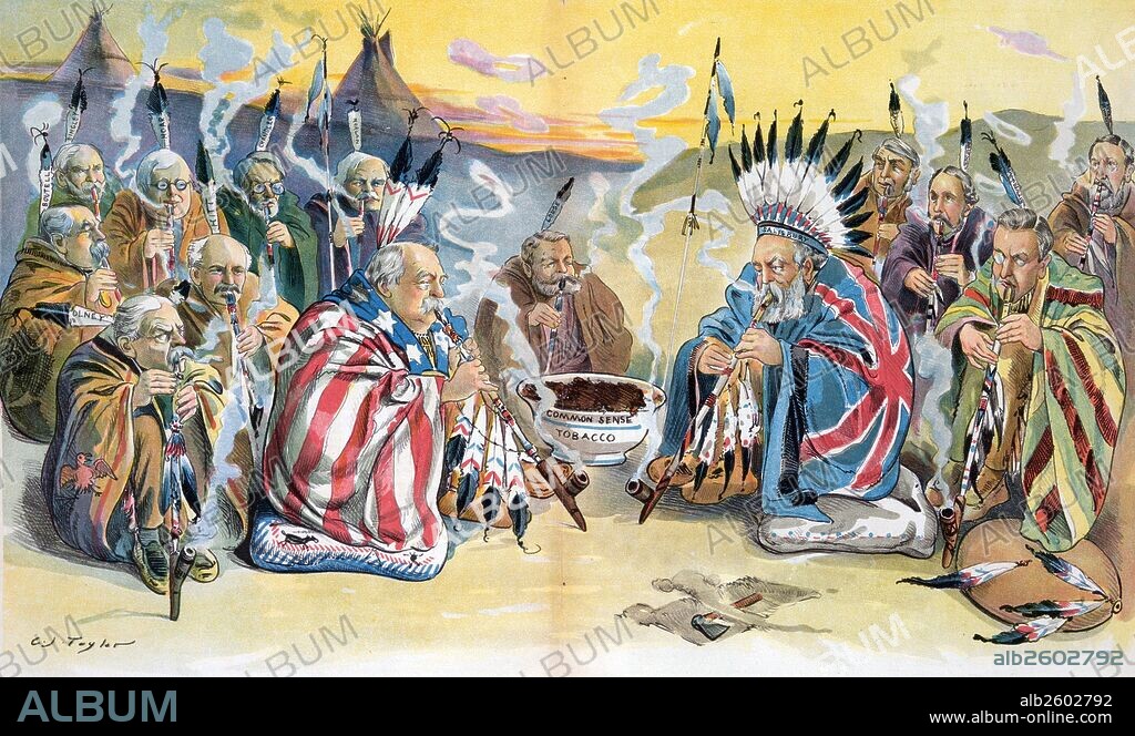 "Let us have peace"' President Grover Cleveland and British Prime Minister Robert Cecil, Lord Salisbury, dressed as Natives, smoking peace pipes filled with "Common Sense Tobacco"; sitting with Cleveland, also dressed as Natives, are Richard Olney, Robert R. Hitt, Charles A. Boutelle, Nelson Dingley, George F. Hoar, William E. Chandler, John T. Morgan, and Henry Cabot Lodge, sitting with Salisbury are Joseph Chamberlain, Arthur J. Balfour, George J. Goschen, and the Duke of Devonshire, Spencer C. Cavendish. In the foreground is a hatchet in a hole, to be buried, possibly over the Venezuela boundary dispute.