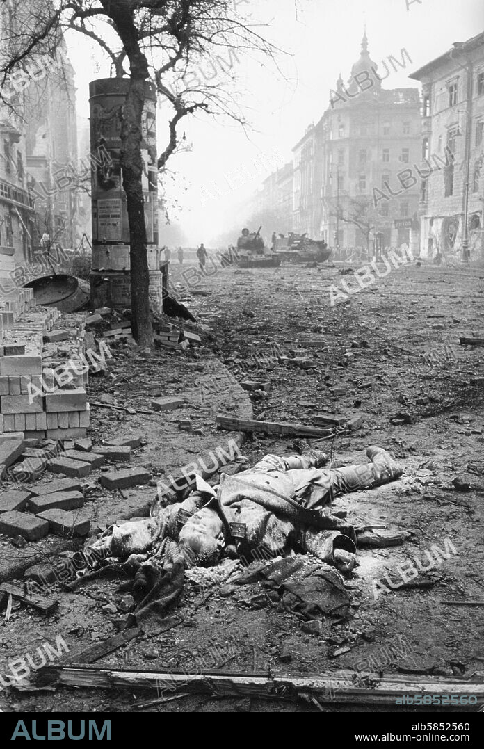 The Hungarian Revolution began with a first mass-rally in Budapest on October 23,1956. It was crushed by Soviet tanks and artillery after days of street-fighting. A Soviet major lies dead on Ulloei ut,near the Kilian barracks where Col. Maleter held out until November 8,56.