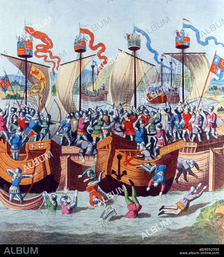 Painting titled 'The Battle off La Rochelle' depicts a battle between ships. Coloured aquatint by J. Harris in 1804. Original dated 1372.