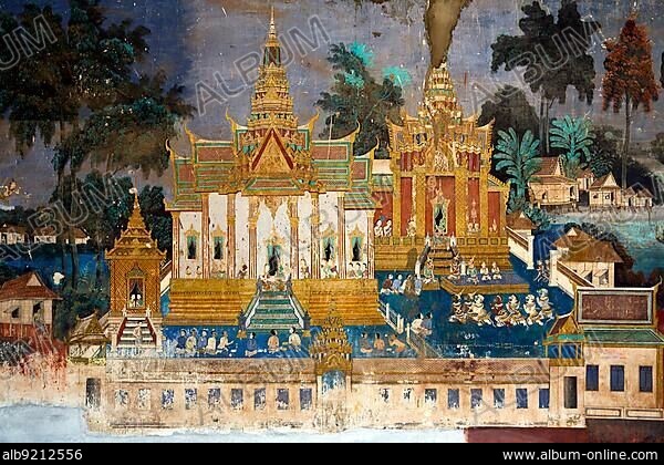 Murals of scenes from the Khmer (Reamker) version of the classic Indian epic Ramayana, Royal Palace, Phnom Penh, Cambodia, Asia.