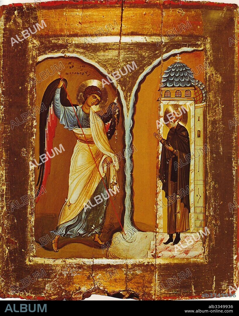 BYZANTINE ICON. The Miracle of the Archangel Michael at Chonae.