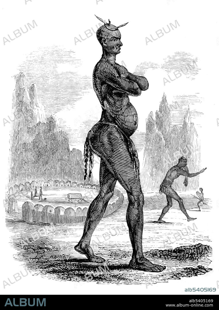 Mzilikazi (1790 - September 9, 1868) was a Southern African king who founded the Matabele Kingdom, Matabeleland. He was originally a lieutenant of Shaka but had a quarrel with him in 1823 and rebelled. Rather than face ritual execution, he fled northwards with his people, the Khumalo, on an 500 mile journey from the Zulu Kingdom to what is now called Zimbabwe. Along the way, he showed considerable statesmanship, as he was able to weld his own people and the many tribes he conquered into a large and ethnically diverse but centralized kingdom. While Mzilikazi was generally friendly to European travelers, he remained mindful about the danger that they posed to his kingdom and, in later years, he refused some visitors any access to his realm. The many European travelers who met with Mzilikazi include Henry Hartley the hunter and explorer, Robert Moffat the missionary, David Hume the explorer and trader, Andrew Smith the medical doctor, ethnologist and zoologist, William Cornwallis Harris the hunter and the missionary explorer David Livingstone. Image taken from page 158: The Wild Sports of Southern Africa by William Cornwallis Harris, 1839.