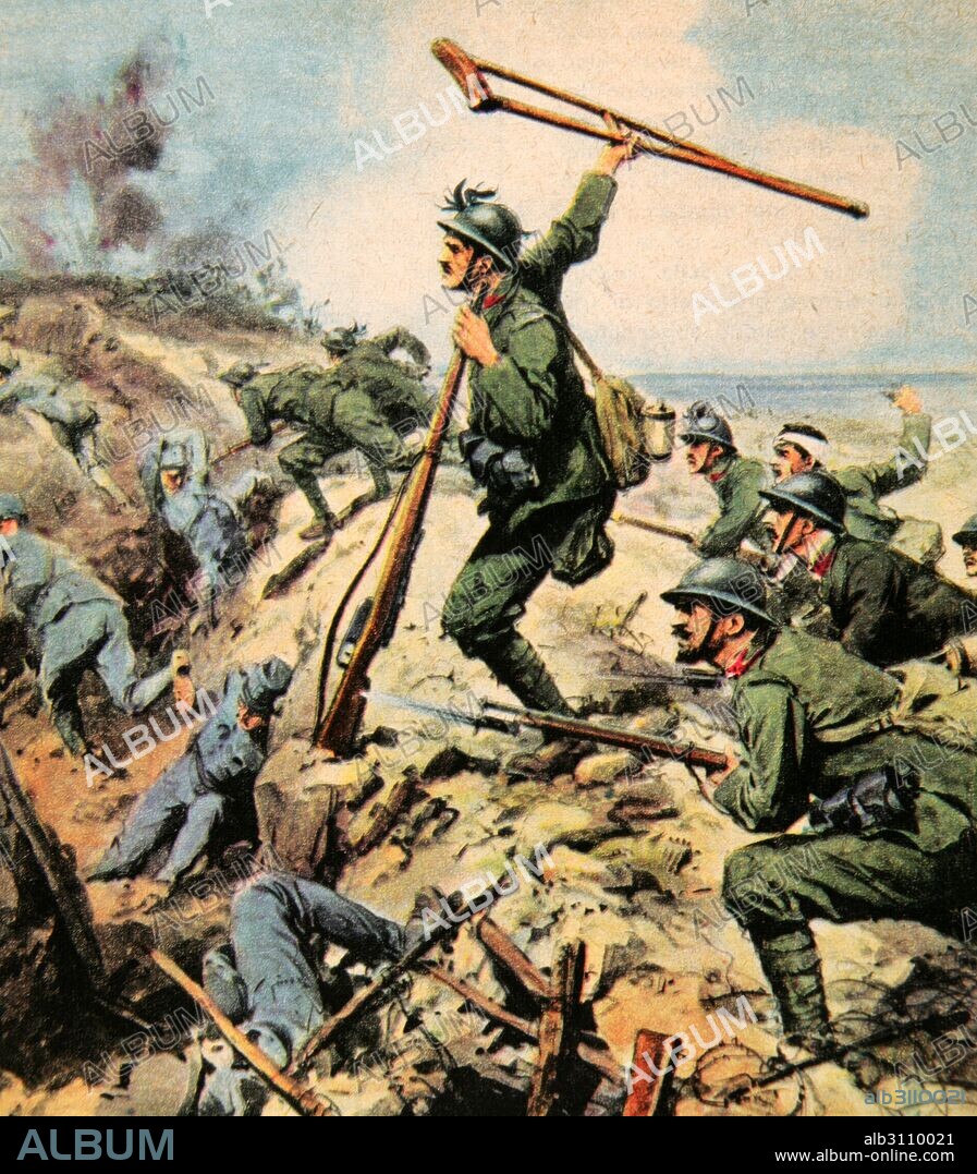 World War I (1914-1918). Enrico Toti (1882-1916), Italian patriot and hero, mutilated, encouraging the Italian army to enter into combat on August 6, 1916. Engraving of La Domenica del Corriere, Italy.