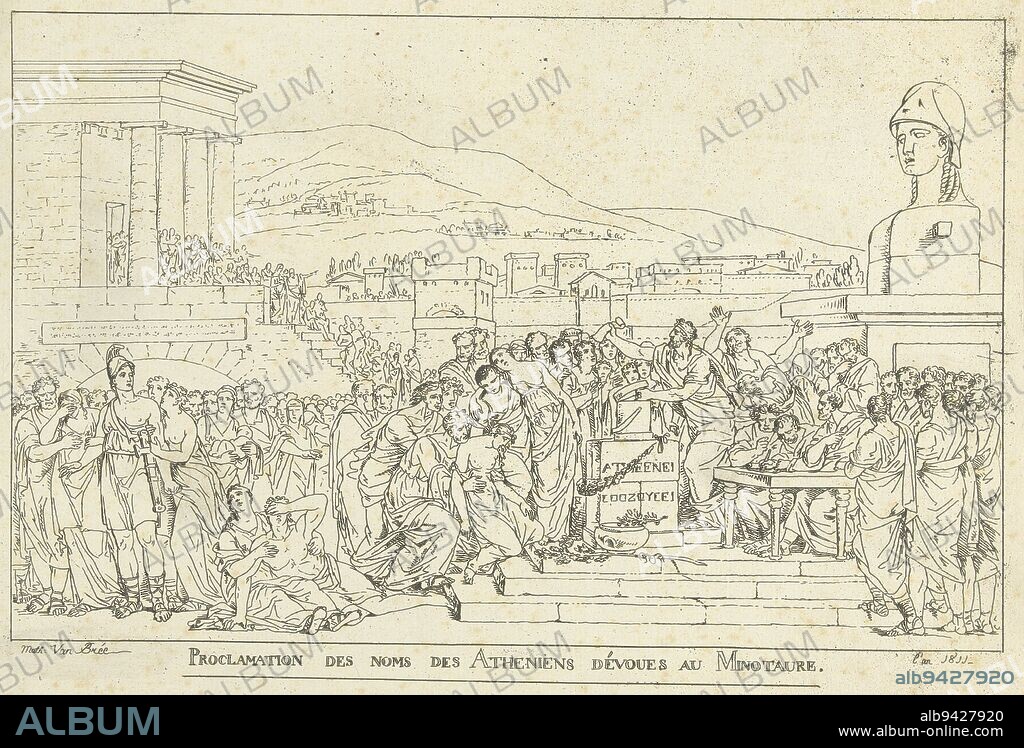 A large group of people are gathered in a large square in Athens On a rise is an urn from which the oracle determines the names of the Athenian youths to be sacrificed to the monster Minotaur On the left is the Greek hero Theseus who will eventually slay the monster and deliver the Athenians from its burden, The oracle determines the names of the youths to be sacrificed to Minotaur Proclamation des noms des Atheniens d, print maker: Mattheus Ignatius van Bree, (mentioned on object), Mattheus Ignatius van Bree, Antwerp, 1811, paper, etching, h 245 mm × w 325 mm.