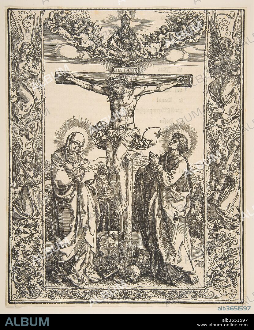 ALBRECHT DÜRER. Christ on the Cross between the Virgin and Saint John. Artist: Albrecht Dürer (German, Nuremberg 1471-1528 Nuremberg). Dimensions: sheet: 10 7/8 x 8 3/4 in. (27.7 x 22.2 cm). Date: 1516.