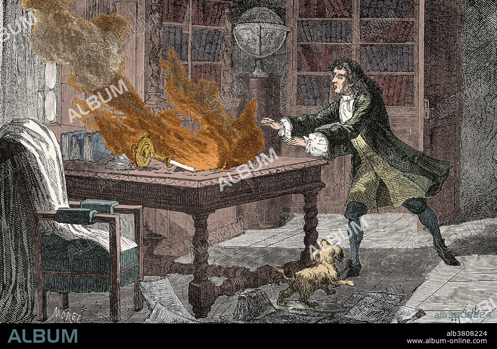 Colorized illustration of Diamond, Newton's favourite dog, knocking over a candle and setting fire to manuscripts containing his notes on experiments conducted over the course of twenty years. According to one account, Newton is said to have exclaimed: O Diamond, Diamond, thou little knowest the mischief thou hast done. According to another account, Newton simply left a window open when he went to church, and the candle was knocked over by a gust of wind. Some historians claim that Newton never owned pets. Isaac Newton (December 25, 1642 - March 20, 1727) was an English physicist, mathematician, astronomer, natural philosopher, alchemist, and theologian. He died in his sleep in 1727.