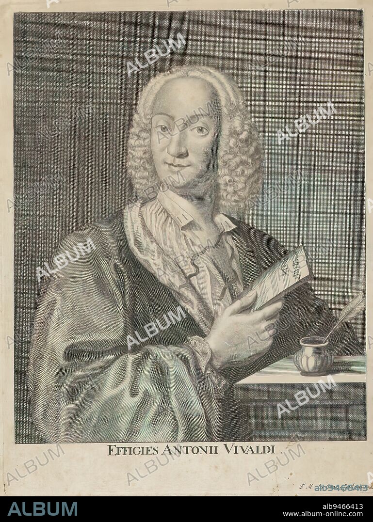 Portrait of Italian composer Antonio Vivaldi, Effigies Antonii Vivaldi (title on object), print maker: François Morellon La Cave, (mentioned on object), Amsterdam, 1725, paper, engraving, height 245 mm × width 186 mm, height 302 mm × width 230 mm.