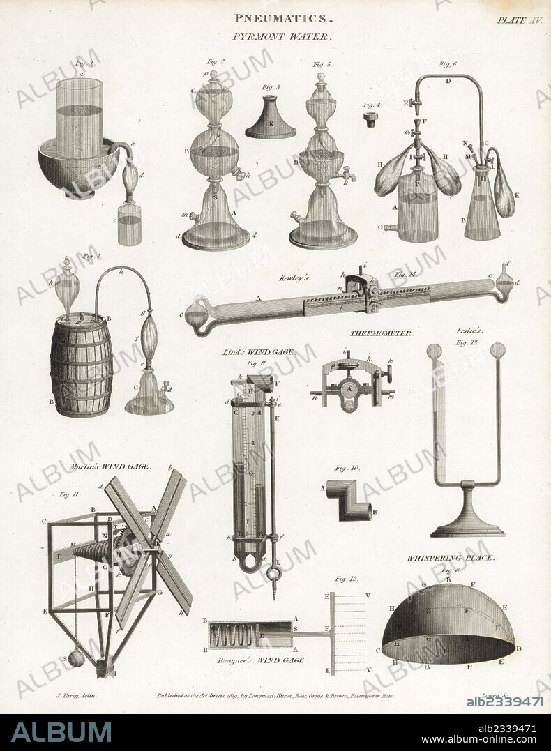 Pneumatics: flasks for the artificial production of Pyrmont water, thermometers by James Kewley and John Leslie, wind gauges by James Lind, Martin and Pierre Bouguer, and an echo device, the Whispering Place. Copperplate engraving by Wilson Lowry after an illustration by J. Farey from Abraham Rees' "Cyclopedia or Universal Dictionary," London, 1816.