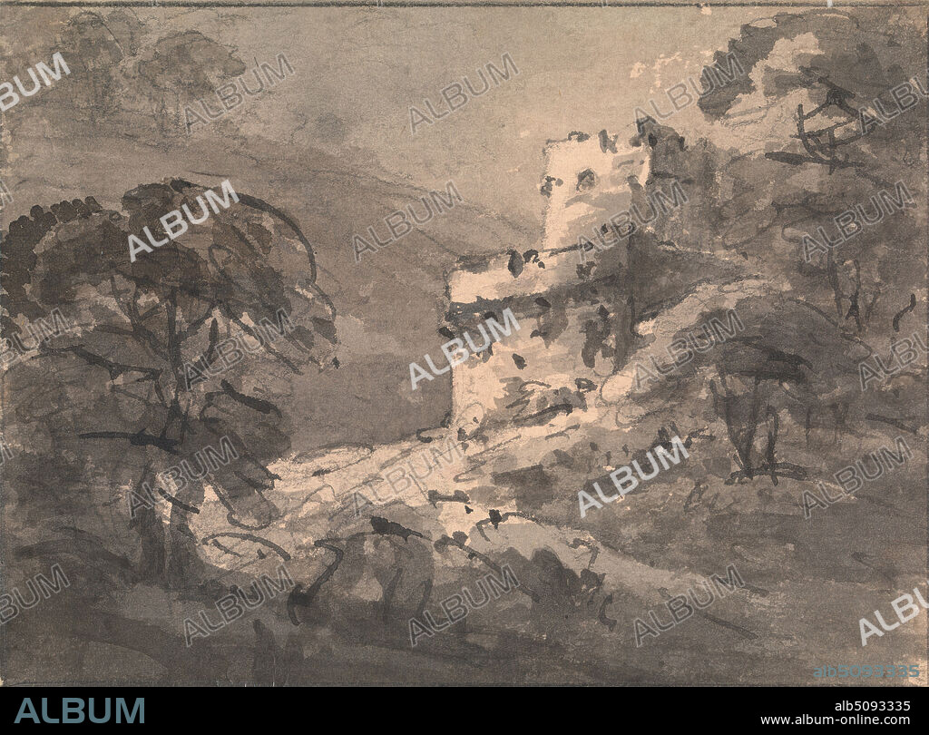 Landscape with a Ruined Castle on the Right, Rev. William Gilpin, 17241804, British, between 1745 and 1748, Gray wash with brush and black ink over graphite on moderately thick, moderately textured, beige laid paper, prepared with pink wash, Sheet: 5 1/2 x 7 3/8in. (14 x 18.7cm), castle, hills, landscape, ruins, trees.