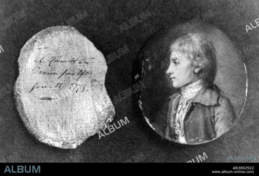 Photograph of miniature watercolor and ink portrait showing Hamilton "drawn from life, January 11, 1773". Alexander Hamilton (January 11, 1755 or 1757 - July 12, 1804) was a Founding Father of the United States and one of the most influential interpreters and promoters of the Constitution. He served in the American Revolutionary War and was an aide-de-camp to General Washington. After the war he was elected to the Continental Congress from New York. He wrote 51 of the 85 installments of the Federalist Papers, which supported the new constitution and to this day is the single most important source for Constitutional interpretation. As Secretary of the Treasury, he was the primary author of the economic policies of the Washington administration, especially the funding of the state debts by the Federal government, the establishment of a national bank, a system of tariffs, and friendly trade relations with Britain. When Thomas Jefferson and Aaron Burr tied for the presidency in the electoral college, Hamilton helped defeat Burr. Taking offense at some of Hamilton's comments, Burr challenged him to a duel and mortally wounded Hamilton, who died within days at the age of 47 or 49.