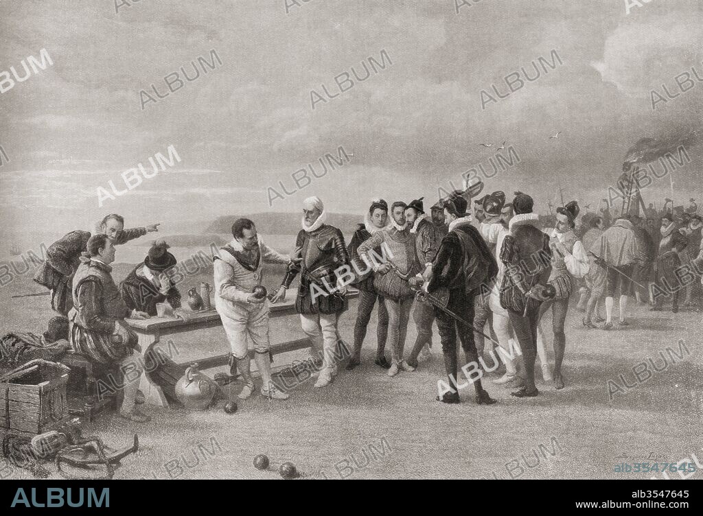 Sir Francis Drake playing bowls, with the Spanish Armada in sight at Plymouth Hoe, England in 1588. The story has it that when told of the arrival of the Armada he replied that there was time to finish the game and lick the Spaniards too. Sir Francis Drake, Vice Admiral, 1540 – 1596. English sea captain, privateer, navigator, slaver and politician of the Elizabethan era. From Bibby's Annual published 1910.